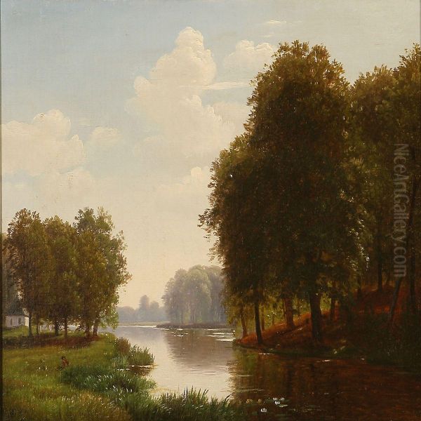 Forest Scene With A Grazing Fallow Deer At A Lake Oil Painting by Eiler Rasmussen-Eilersen