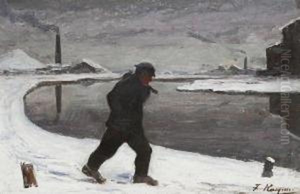 Worker Walking Home In The Snow Oil Painting by Frans Rasquin