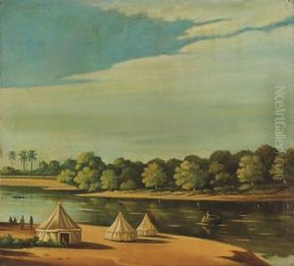 A Military Encampment On The Banks Of The Euphrates Oil Painting by Abdul Qadir Rassam