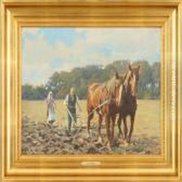 Plough In The Field Oil Painting by Lars Rastrup