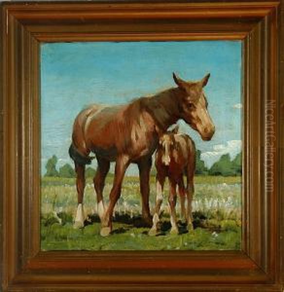 A Horse With A Foal Oil Painting by Lars Rastrup