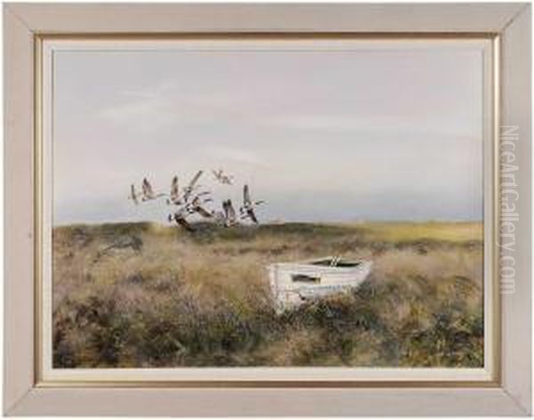 Canada Geese Flying Over Grassy Dunes Oil Painting by John Rathbone