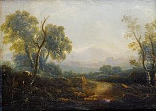 An Open Landscape With Mountains On The Horizon, A City In The Distance Oil Painting by John Rathbone