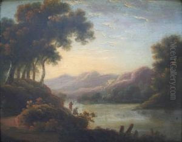 Extensive Lake Landscapes With Figures Oil Painting by John Rathbone