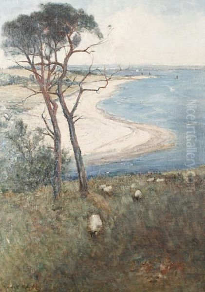 Sheep Grazing On A Hillside With A Coastal View Beyond Oil Painting by Alexander Wellwood Rattray