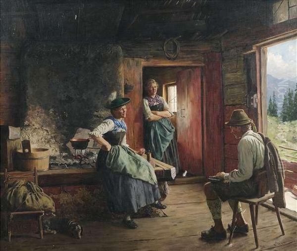 Zither Player In An Alpcottage. Oil Painting by Emil Rau