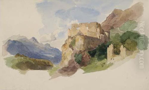 A Mountain Landscape With A Ruin Of A Castle by Heinrich Woldemar Rau