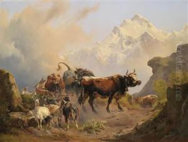 Bringing The Livestock Down From The High Alpine Summer Pastures Oil Painting by Johann Nepomuk Rauch De Milan