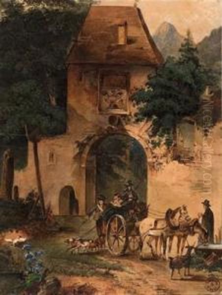 Die Unterhaltung Vor Einem Schlosstor Oil Painting by Johann Josef Rauch