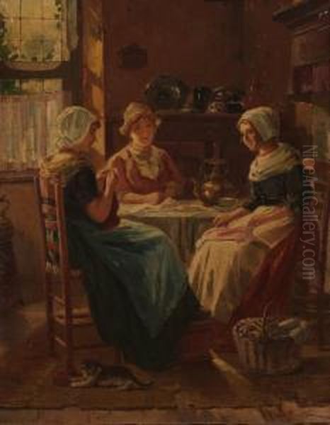 Three Young Women In A Kitchen Oil Painting by Adolf Raufer