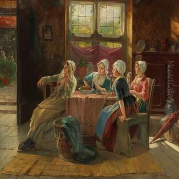 Dutch Interior With Four Ladies At A Table Oil Painting by Adolf Raufer