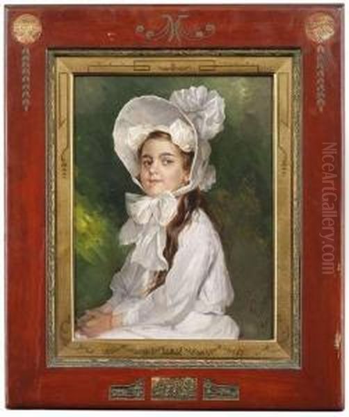 Portrait Of A Young Girl Wearing A White Dress And A White Bonnet. Oil Painting by Adolf Raufer