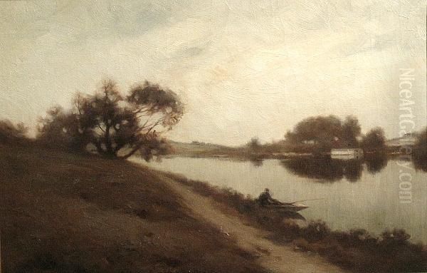 A River Landscape With A Figure In A Rowboat In The Foreground, 1908 Oil Painting by John Willard Raught