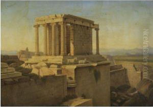 Temple Ruins On The Acropolis; The Erechthion Of The Acropolis, Athens; A Pair Oil Painting by Alexandre Raulin