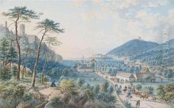 Extensive Ladscape With A Castle On A Hill. Oil Painting by Johann Tobias Raulino