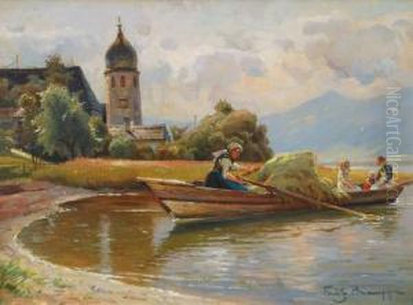 Heutransport Vor Frauenchiemsee Oil Painting by Friedrich, Fritz Raupp