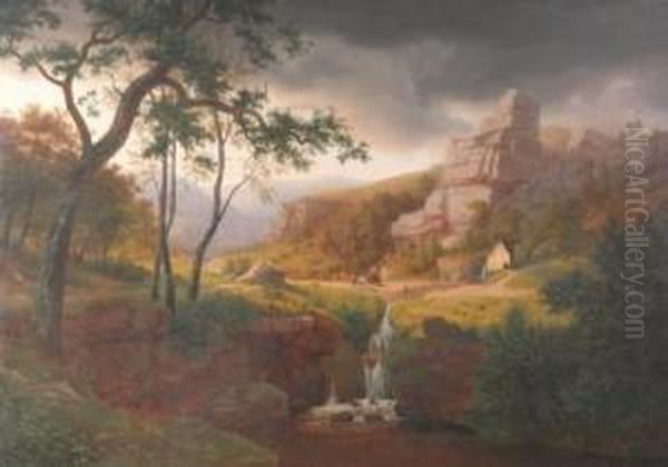 A Germanic Valley Scene With Figures.
Oil On Canvas. Oil Painting by Leonhard Rausch