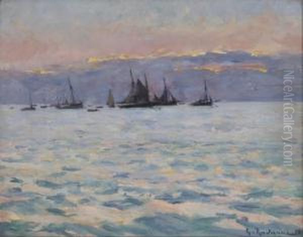 Voiliers Au Soleil Couchant Oil Painting by Leon Gustave Ravanne