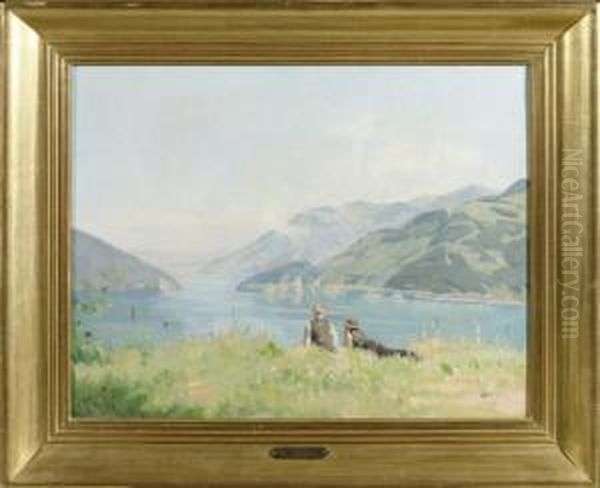 View On The Lake Of Four Cantons And Two Characters Oil Painting by Edouard John E. Ravel