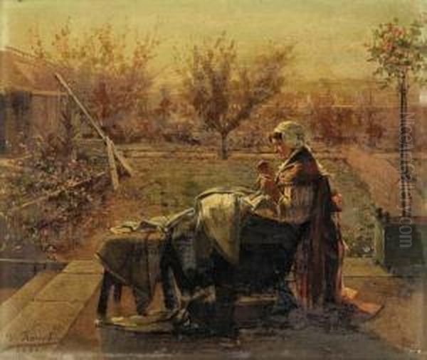 Mending By The Garden
Oil On Panel Oil Painting by Victor Ravet