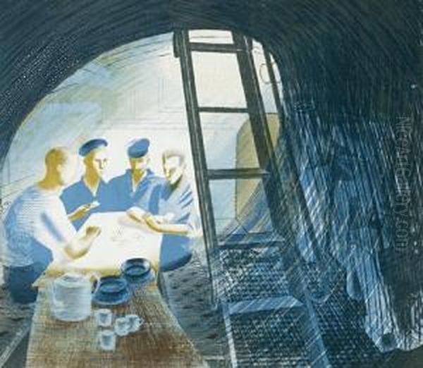 Submarines: The Mess Desk Oil Painting by Eric Ravilious