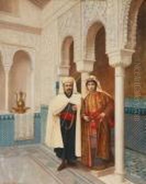 Augusteraynaud (1845-?), Couple Dans Son Riad Oil Painting by Auguste Raynaud