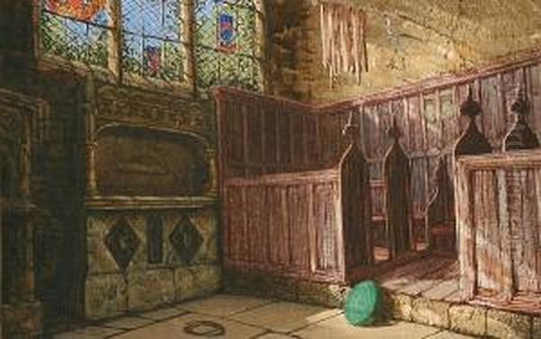 Church Interior With Wooden Pews Before A Stained Glass Window Oil Painting by Margaret Rayner