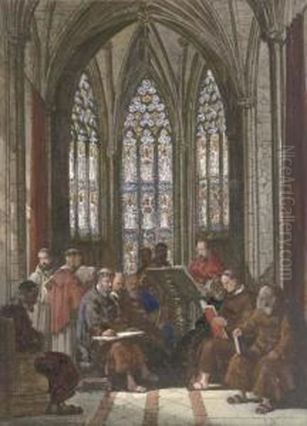 Monks Reading In The Vestry Oil Painting by Samuel A. Rayner