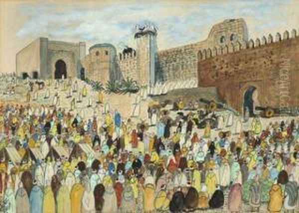 Marche Au Pied Des Oudayas Oil Painting by Mohamed Ben Ali Rbati