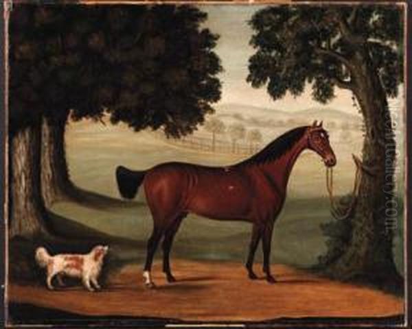 A Bay Horse And Spaniel In A Landscape Oil Painting by John Burell Read