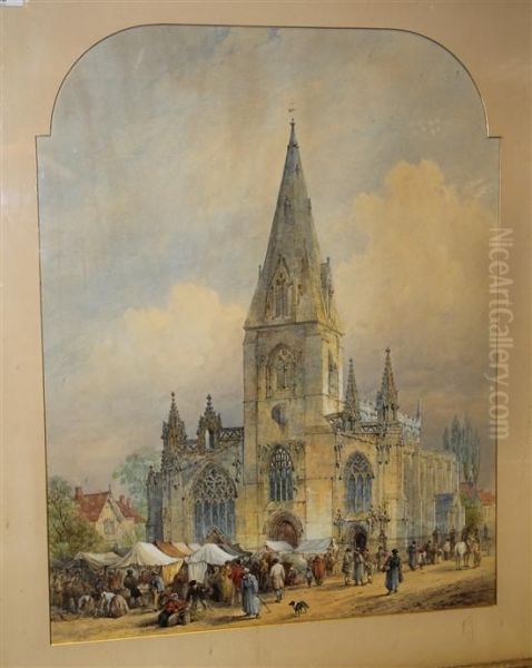 Vegetable Market Before A Church Oil Painting by Samuel Read