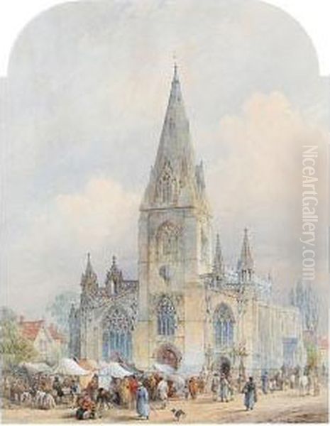 A Market Scene Before A Town Church Oil Painting by Samuel Read