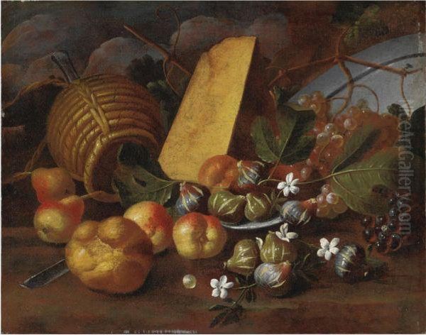 Natura Morta Con Fichi, Pere, Uva, Formaggio E Pane Oil Painting by Tommaso Realfonso