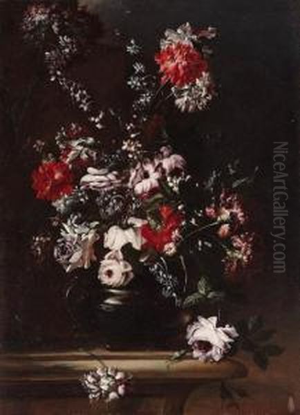 Roses, Carnations, Irises, Bluebells And Other Flowers In A Pewterurn Oil Painting by Tommaso Realfonso