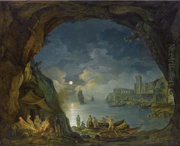 A Moonlit Coastal Landscape With Figures Resting In A Cave Beside A Fire Oil Painting by Josef Rebell