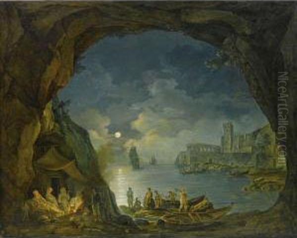 Paesaggio Notturno Con Astanti In Una Grotta Mediterranea Oil Painting by Josef Rebell