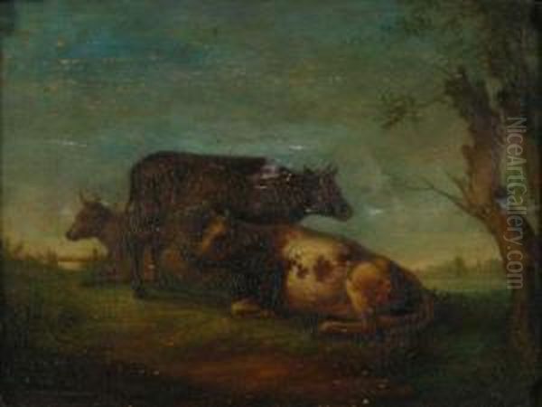 Cows Oil Painting by Josef Rebell