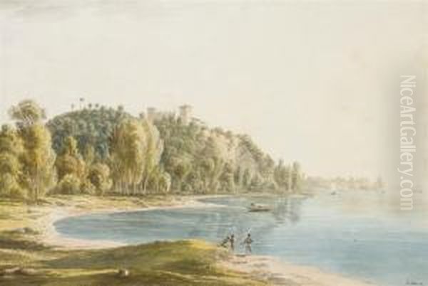 Des Pecheurs Au Bord D'un Lac, Une Forteresse Sur Un Promontoirrocheux Oil Painting by Josef Rebell