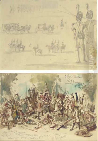 Studies Of Soldiers, Horses And Carriages Oil Painting by Joseph Rebell