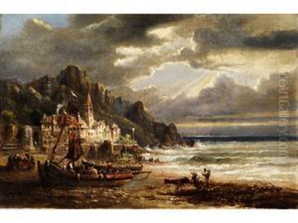 Abendliche Kustenlandschaft Beisturmischer Brandung Oil Painting by Felice Auguste Recchia