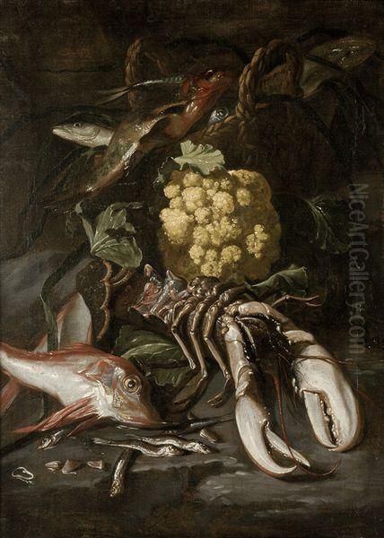 Nature Morte Aux Poissons, Choux-fleur Et Homard Oil Painting by Elena Recco