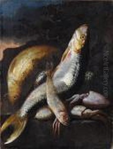 A Carp, A Mullet, Squid And Other Fish On A Stone Ledge Before A Landscape Oil Painting by Elena Recco