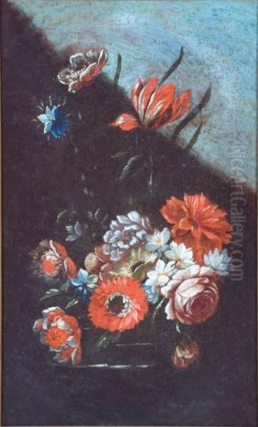 Dalie, Garofani, Gerbere E Altri Fiori In Un Vaso Su Un Piano by Giacomo Recco