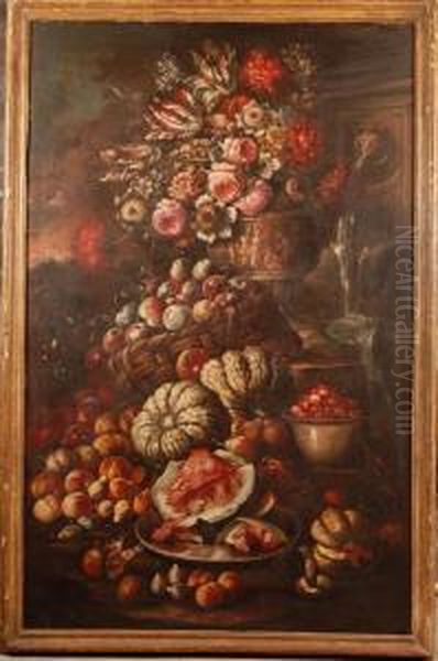 Vaso Di Fiori Con Frutta E Fontana Oil Painting by Giacomo Recco