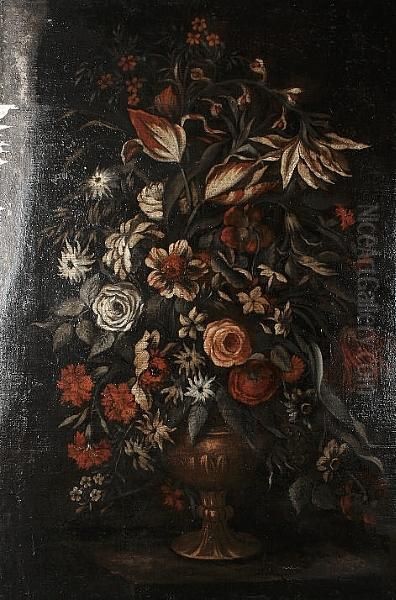 Lillies, Tulips, Roses And Other Flowers In A Bronze Vase; And Roses, Carnations, Tulips And Other Flowers In A Bronze Vase Oil Painting by Giacomo Recco