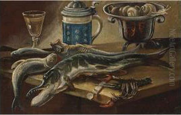 A Still Life Of Fish, Near A Wooden Tub, A Peeled Lemon And Onions, All On A Wooden Table;
 A Still Life Of Fish, A Lobster, A Glass, An Earthenware Jug And A Bowl Of Snails, All On A Table Oil Painting by Giuseppe Recco