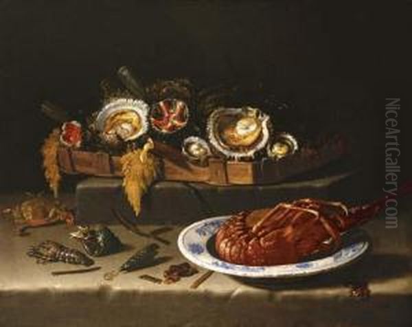 Shellfish In A Basket, A Lobster In A Bowl And Shells, A Crayfish And A Crab On A Stone Ledge Oil Painting by Giuseppe Recco