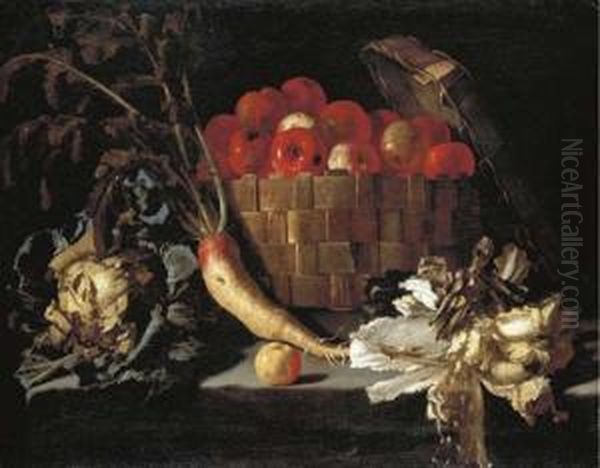 Apples In A Wicker Basket, With A Cabbage, Parsnip, Lettuce And An Apple On A Stone Ledge Oil Painting by Giuseppe Recco