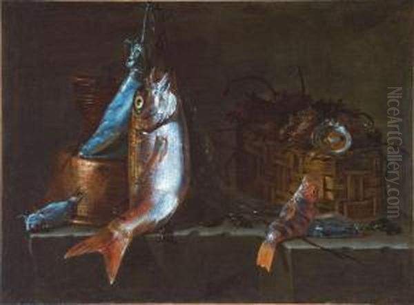 Un Calamaro, Una Spigola E Un Altro Pesce Presso Un Secchio Dirame Appoggiato Su Un Bacile Di Rame Capovolto Oil Painting by Giuseppe Recco