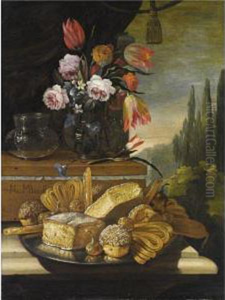 Natura Morta Di Dolci E Biscotti In Un Paesaggio Oil Painting by Nicola Maria Recco